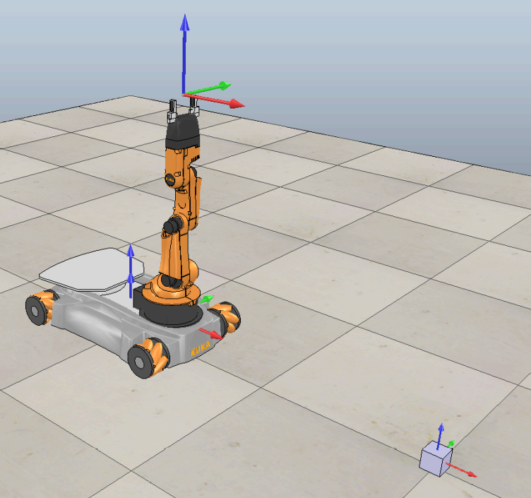 YouBot mobile manipulator and cube in the simulated pick-and-place scene